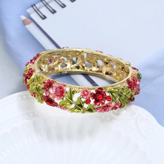 Colored Enamel Flower Bangles Alloy Vintage Floral Bracelets Red Purple Rose Bracelets For Women Jewelry Gift