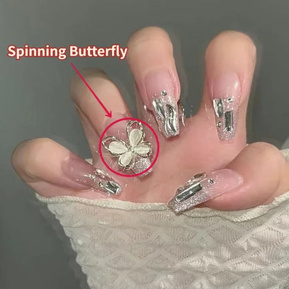 24Pcs Glossy Long Coffin Press On Nails White French Style False Nails With Bow And Flower Design Glitter Rhinestone Fake Nails