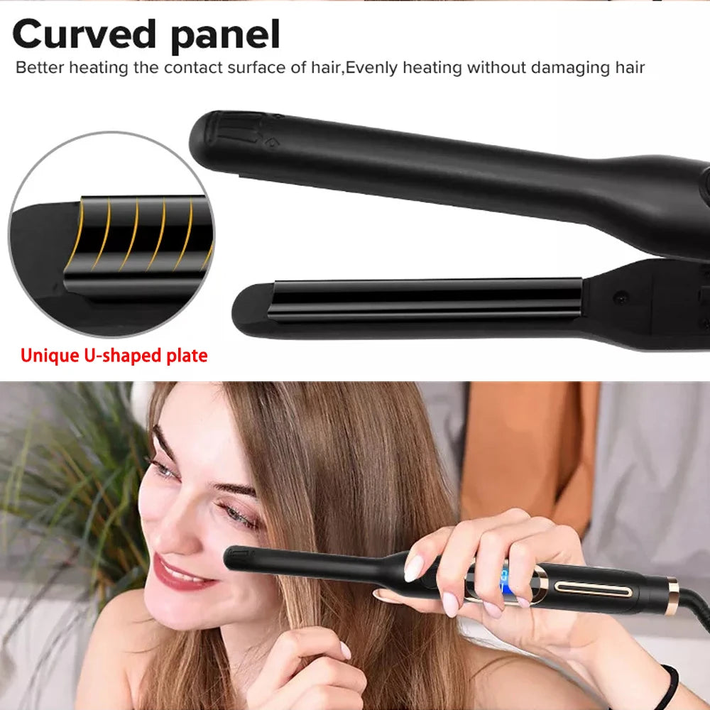 Hair Straightener Small Flat Iron for Short Hair and Pixie Cut Beard Thin Pencil Ceramics Flat Iron and U-shaped Splint Curler