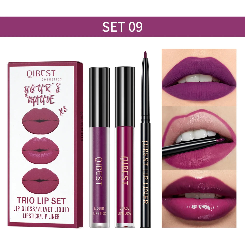 New 3pcs/set Liquid Lipstick Lip Liner Long Lasting Cosmetic Black Brown Purple Red Matte Lip Gloss Nude Lip Tint Stain Makeup