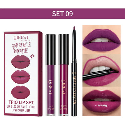 New 3pcs/set Liquid Lipstick Lip Liner Long Lasting Cosmetic Black Brown Purple Red Matte Lip Gloss Nude Lip Tint Stain Makeup