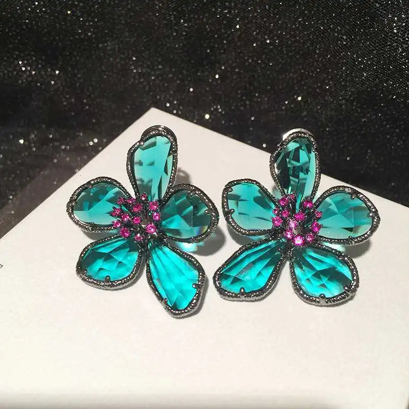 Vintage Crystal Flower Stud Earrings Ring Jewelry Women Retro Femme Wedding Bridal Luxury Jewelry