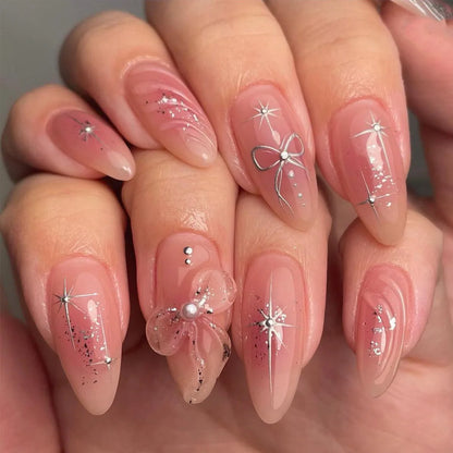 24pcs French Almond Press on Nails Valentine's Day False Nails 3D Bow knot Wearable Stick-on Nails Fake Nail