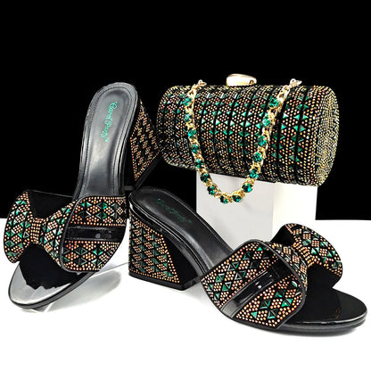 Italian Fashion Banquet Shoes and Bags Women's Hand Bags with Rhinestone Decoration and Women's High Heels