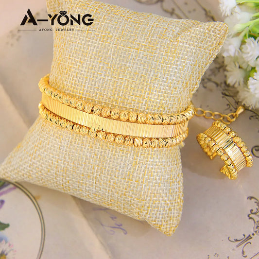 Italian Elegant Gold Bracelet and ring  Set 21k Gold Plated Turkish Bead Openwork Copper Bracelets Ring Luxury Dubai Style Bridal Jewelry