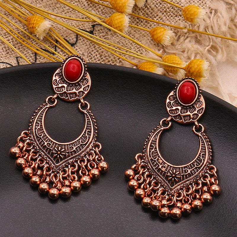 Ethnic Orange Beads Tassel Drop Earrings for Women Antique Gold Plated Geometric Pendientes Earring Boho Vintage Jewelry