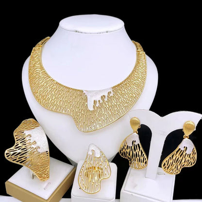 Italy 18k Gold Plated Jewelry Set Luxury Design Women Necklace Dubai Jewelry Big Earring Bangle Bride Wedding Party Accessories