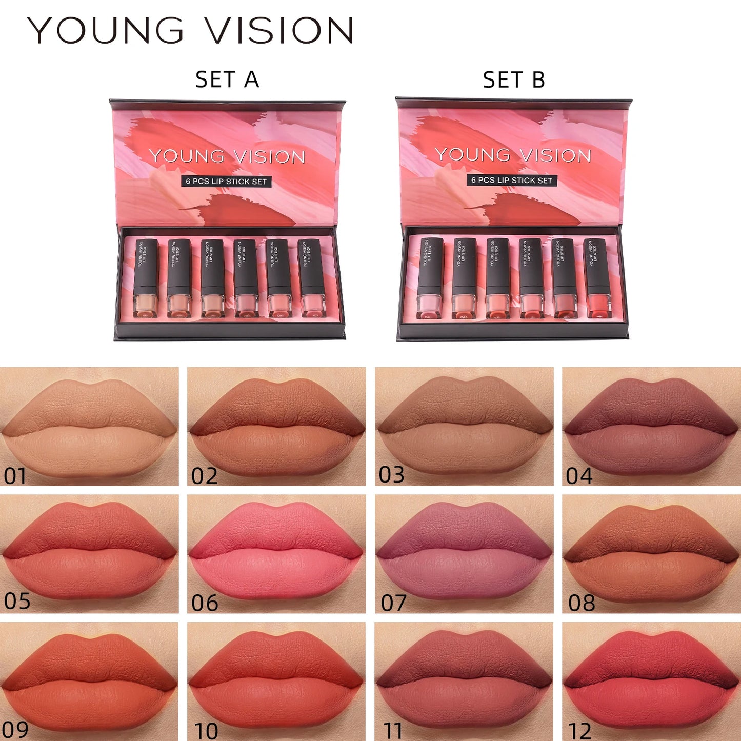 YOUNG VISION 6 pcs /set matte lipstick set non stick cup lipstick velvet moisturizing lipstick