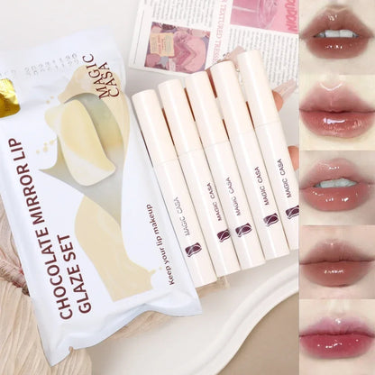 5pcs/set Mirror Red Lip Gloss Waterproof Transparent Pink Lip Glaze Lasting Moisturizing Liquid Lipstick Korean Makeup Cosmetic
