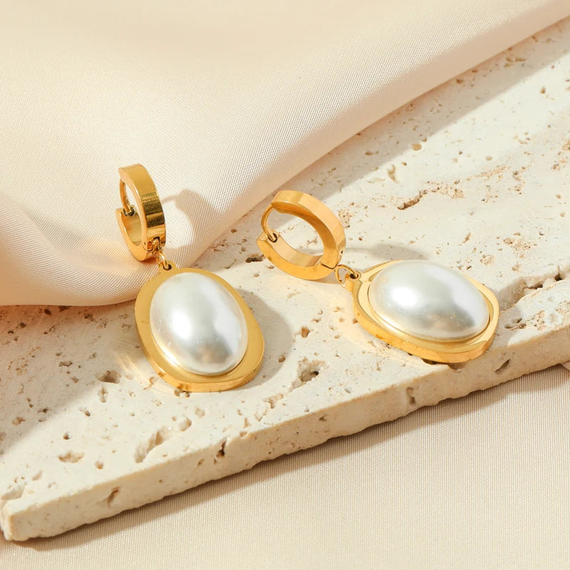 EILIECK 316L Stainless Steel Pearl Earrings For Women Fashion New Holiday Gold Color Waterproof Ear Jewelry