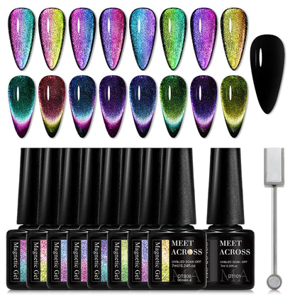 MEET ACROSS 7ml 9D Rainbow Magnetic Gel Holographic Glitter Cat Eye Gel Nail Polish Shiny Reflective Cat Eye's Magnet Gel Polish