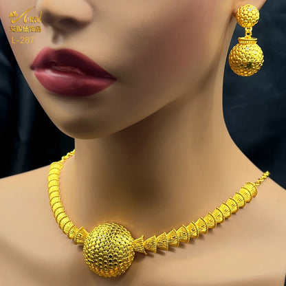 ANIID Dubai Indian African Bead Necklace Earrings Jewelry Set For Women 24K Gold Plated Nigeria Bridal Wedding Party Gift Jewellery