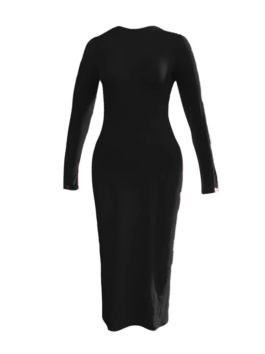 LW BASICS Bodycon Dress Autumn Sexy Women Solid Color Long Sleeve Round Neck Bodycon Maxi Dress evening party comfort