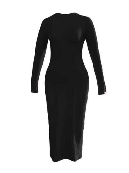 LW BASICS Bodycon Dress Autumn Sexy Women Solid Color Long Sleeve Round Neck Bodycon Maxi Dress evening party comfort