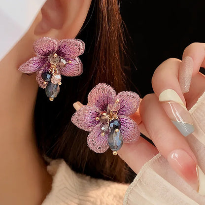 Light Luxury Elegant Crystal Gauze Purple Flower Dangle Earrings For Women Fashion Sweet Girl Accessories