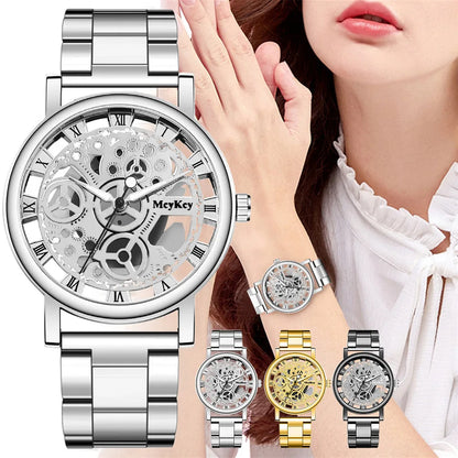 New Fashion Women Hollow Skeleton Faux Mechanical Watch Ladies Metal Mesh Quartz Wrist Watches For Ladies