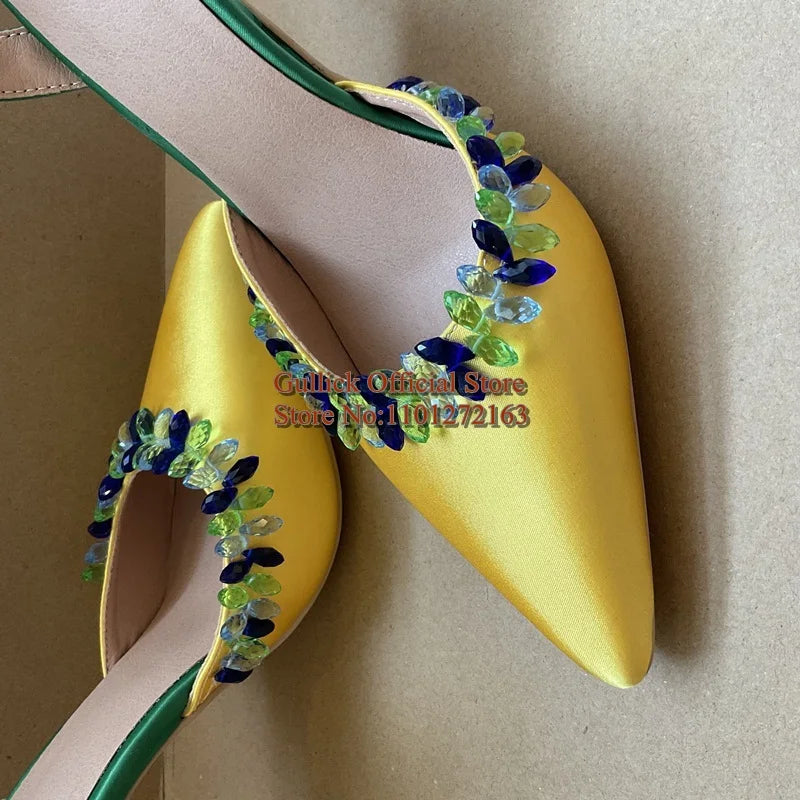 Gullick Multi Colors Crystal String Bead Women Slingback Pumps Yellow Green Sain Pointed Toe Rhinestone Trim High Heeled Shoes