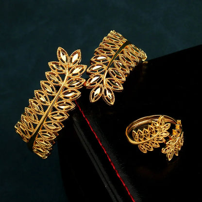 Copper Plating Gold Bracelet Ring Trendy  Bangle Bracelet for Bridal Leaves Design Cuff Bracelet  Luxury Jewelry