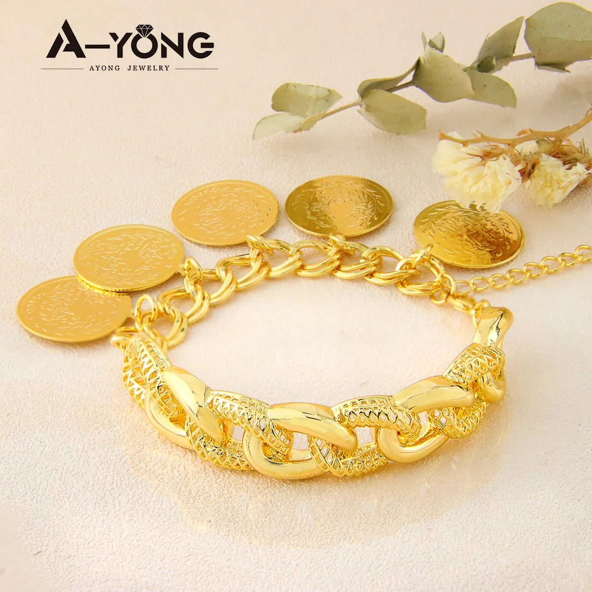 Punk Coins Bracelet 21k Gold Plated Turkish Fashion Gold Bangles Woman Festival Event Party Jewelry
