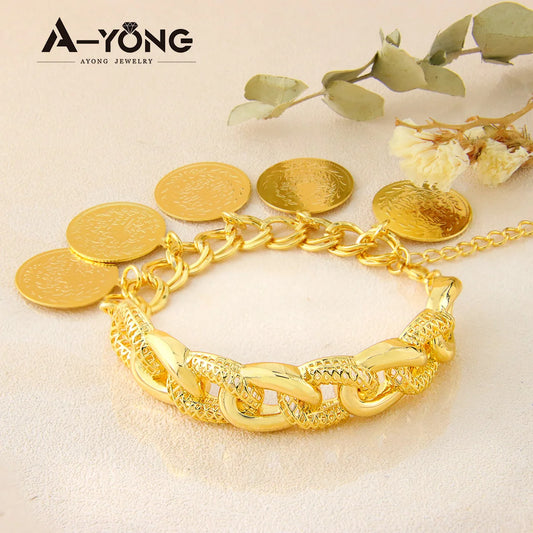 Punk Coins Bracelet 21k Gold Plated Turkish Fashion Gold Bangles Woman Festival Event Party Jewelry