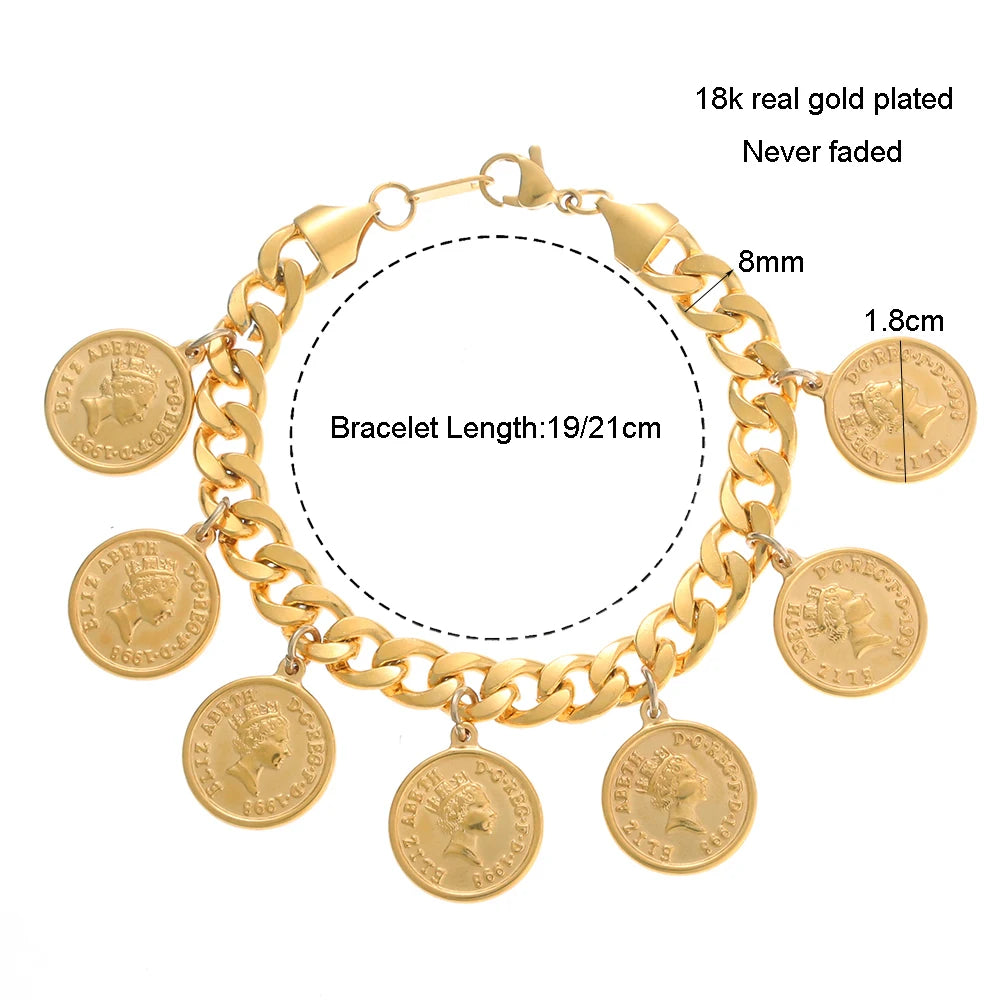Luxury Fashion Stainless Steel Portrait Coin Pendant Bracelet for Women Wide Cuban Chain Charm Jewelry