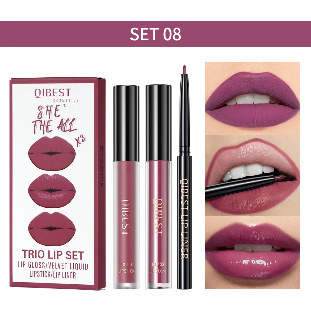 New 3pcs/set Liquid Lipstick Lip Liner Long Lasting Cosmetic Black Brown Purple Red Matte Lip Gloss Nude Lip Tint Stain Makeup