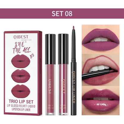 New 3pcs/set Liquid Lipstick Lip Liner Long Lasting Cosmetic Black Brown Purple Red Matte Lip Gloss Nude Lip Tint Stain Makeup