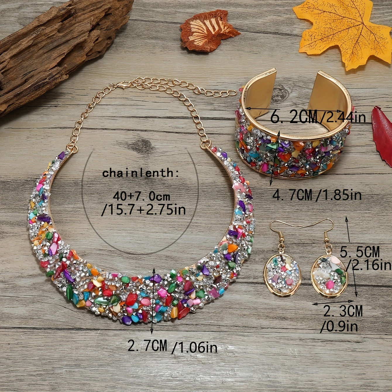 22K Gold Plated Jewelry Set With Choker Necklace & Drop Earrings & Open Cuff Bangle Bracelet Inlaid Colorful Rhinestone