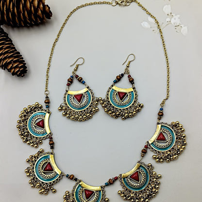 Women's Vintage Metal Indian Necklace And Earrings Suite