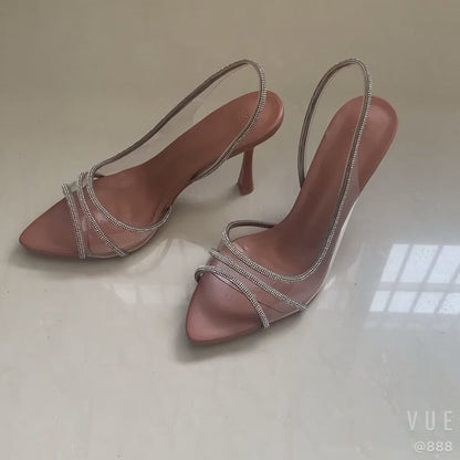 Women Summer Rhinestone Slingback Pumps Office Lady Transparent Heeled Sandals Elegant Pointed Toe Female Sexy High Heels